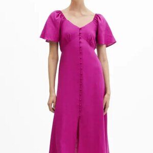 Mango - hot pink magenta linen blend flutter sleeve midi dress (small)